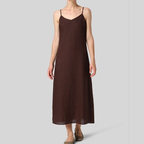 Vivid Chocolate Brown 💯 Linen Midi Slip Dress Large - Picture 10 of 12